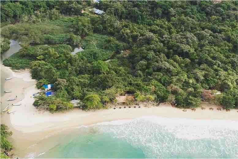 An aerial view captures a serene beach bordered by lush greenery. Soft waves gently lap against the sandy shore. Several boats are visible near the shoreline, while a few shaded seating areas are nestled among the trees, providing a tranquil retreat amid the natural landscape.