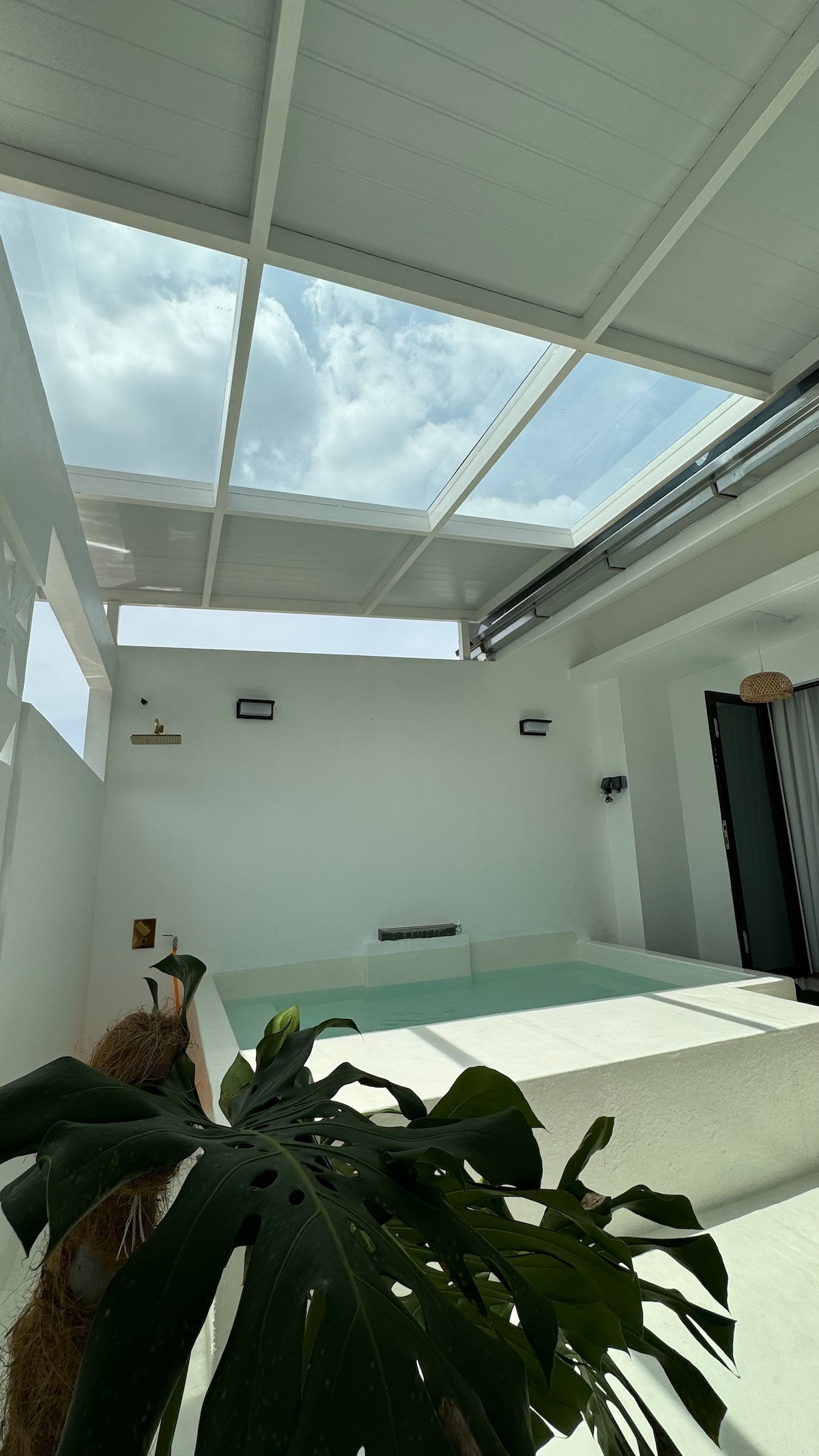 A serene indoor pool is framed by a spacious white structure, featuring a glass roof that allows natural light to fill the area. A large green plant sits in the foreground, adding a touch of nature to the minimalist design.