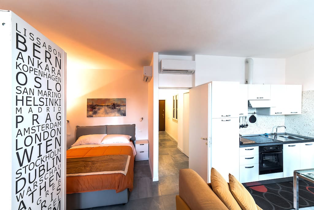 Bed and kitchen