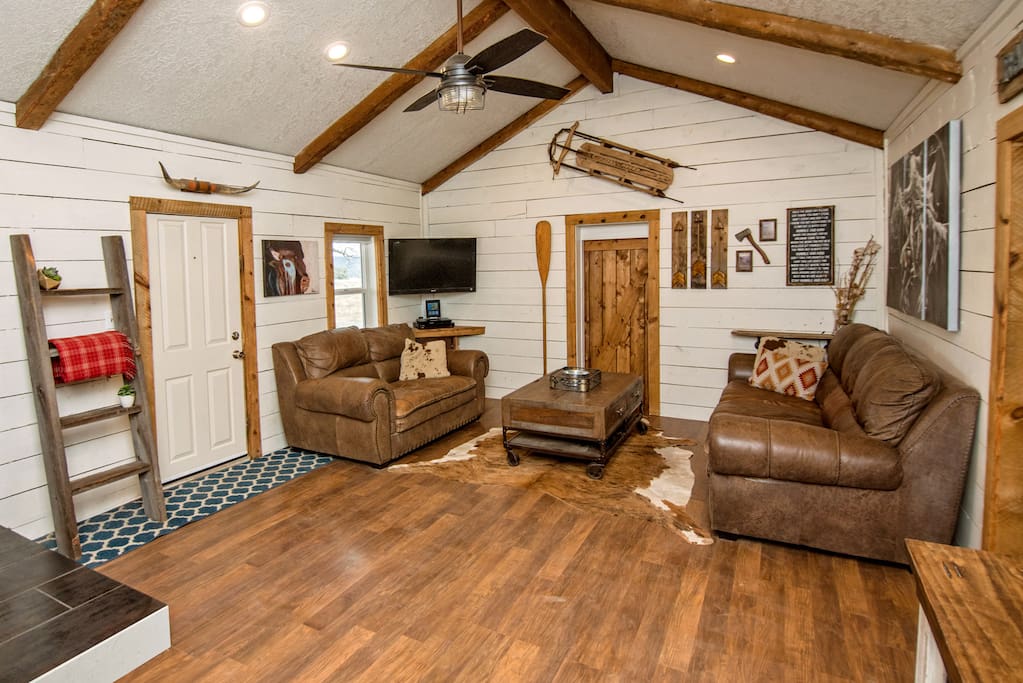 There's a television with Dish, Netflix, Roku, and a DVD player