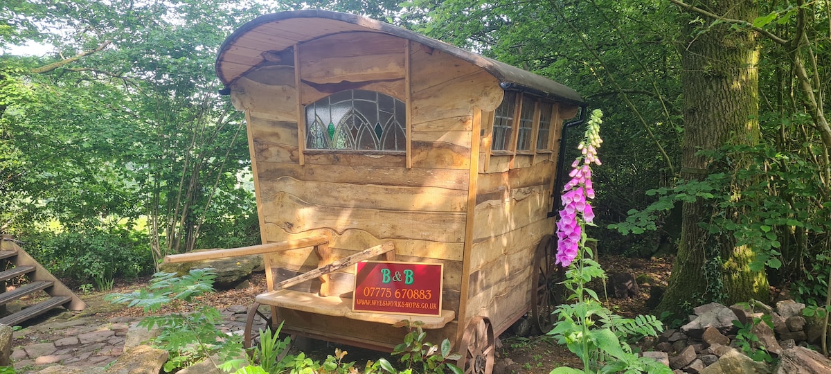 A rustic gypsy wagon is surrounded by lush greenery, showcasing natural wood tones and a rounded roof. A decorative window with intricate design adds character, while vibrant pink foxglove flowers grow nearby, enhancing the natural setting.