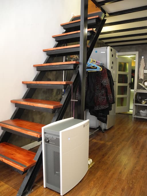 The stairs go up to the bedroom. Hospital-grade BlueAir air filtration system.