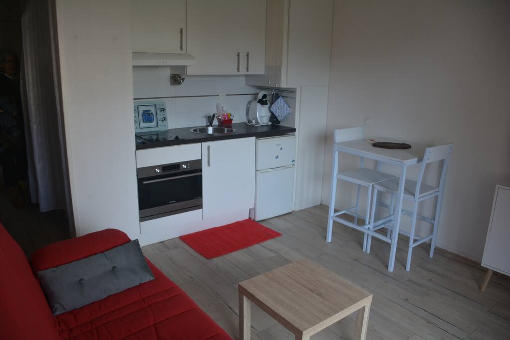 Cuisine avec four, micro ondes, frigo, freezer.