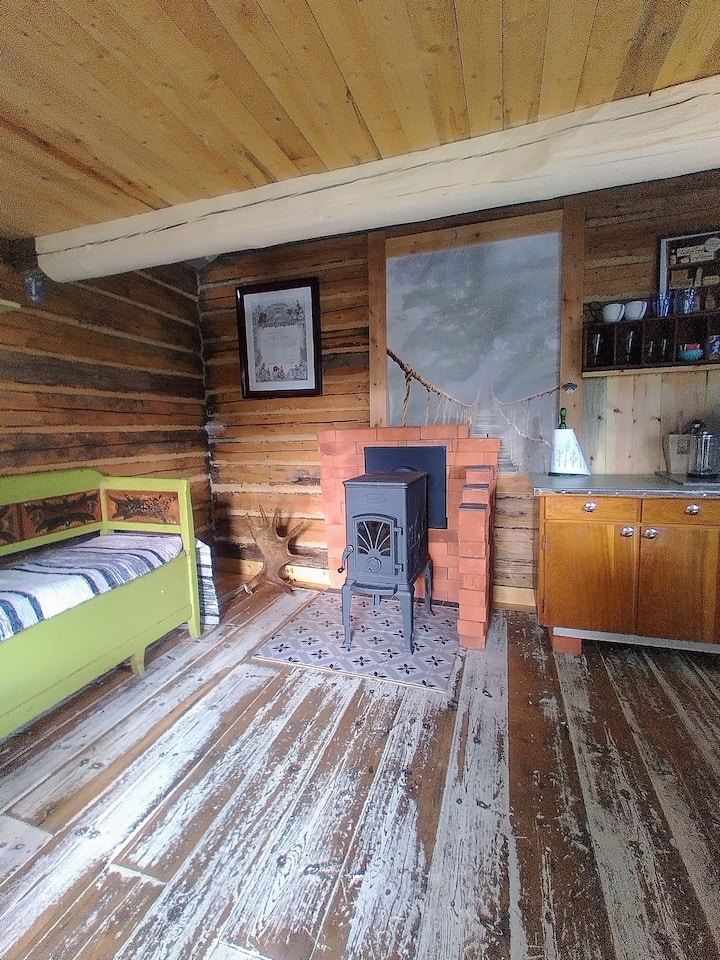 16 sqm with nice feeling! The sleeping loft ceiling is at the top in the picture.