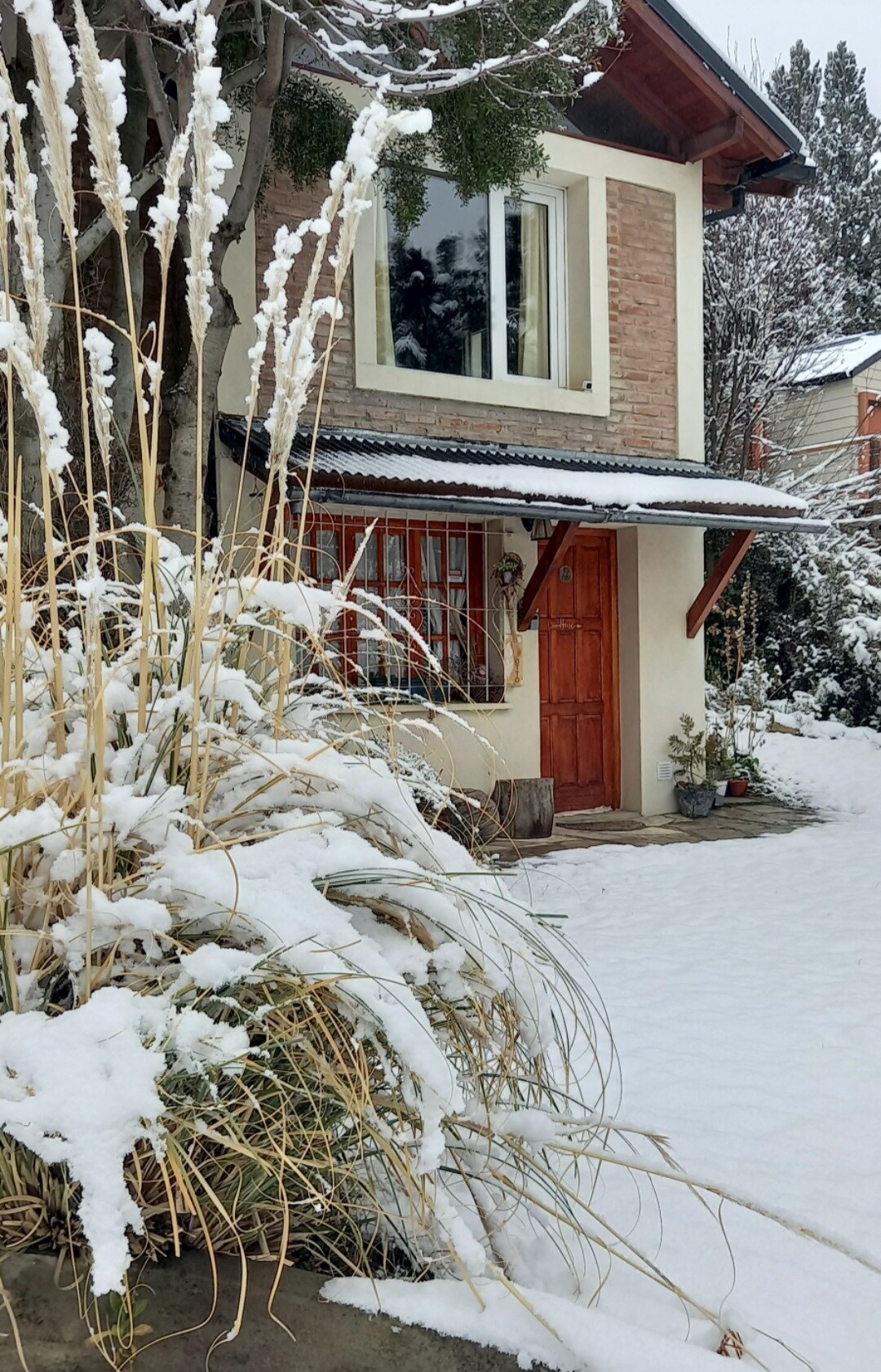 A charming exterior of a studio apartment is framed by a dusting of snow, revealing a welcoming wooden door and a large window. Lush greenery peeks through the snow-covered ground, creating a serene atmosphere in the winter scene.