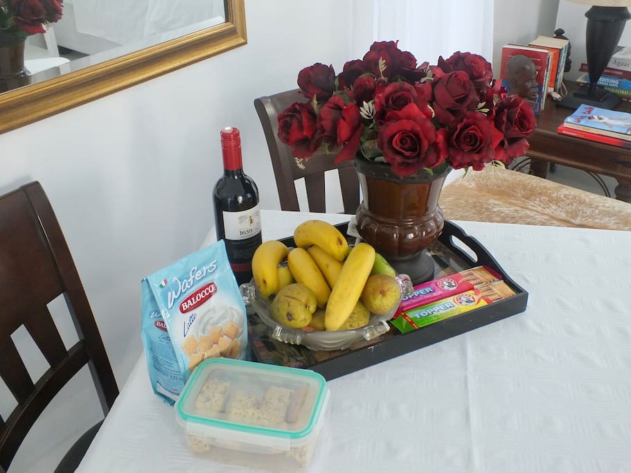 Complimentary goodies. Fruit bowl, wines, assorted biscuits and rusks.