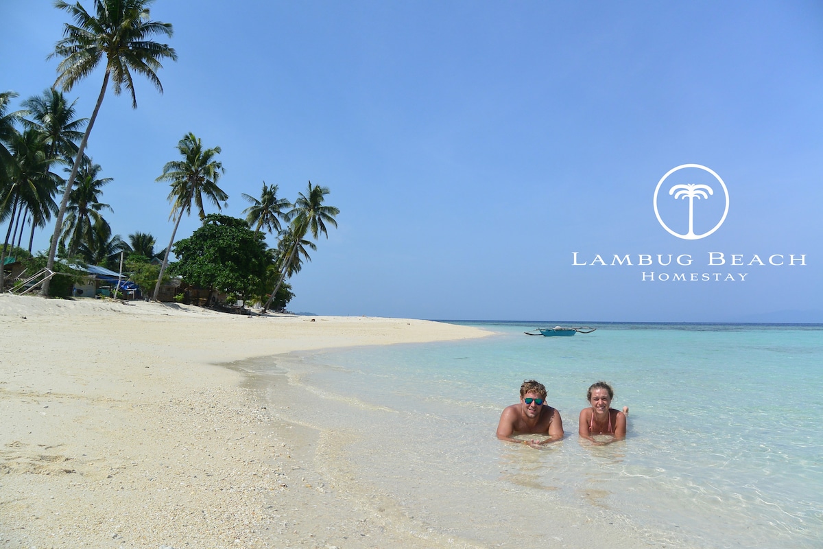 A serene beach scene features soft white sand and shallow clear waters, gently lapping at the shore. Lush palm trees provide shade along the beach, while a distant boat is visible on the horizon. Two figures are seated in the water, enjoying the tranquil surroundings.