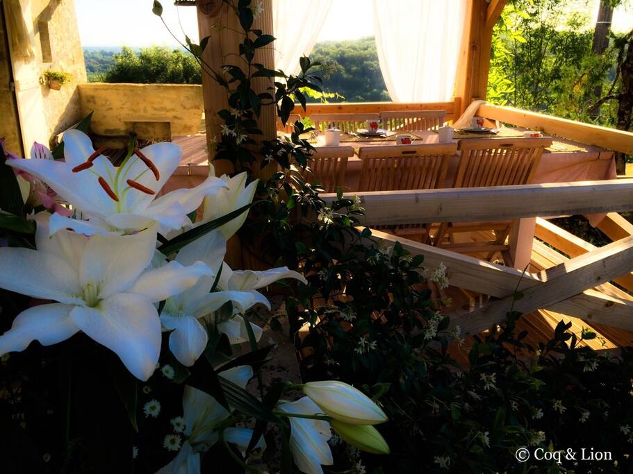 La terrasse des petits-déjeuners, avec vue panoramique sur le causse.