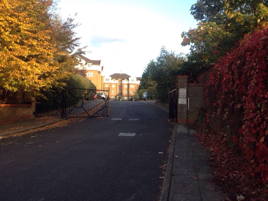 The view of the gated property from the street.