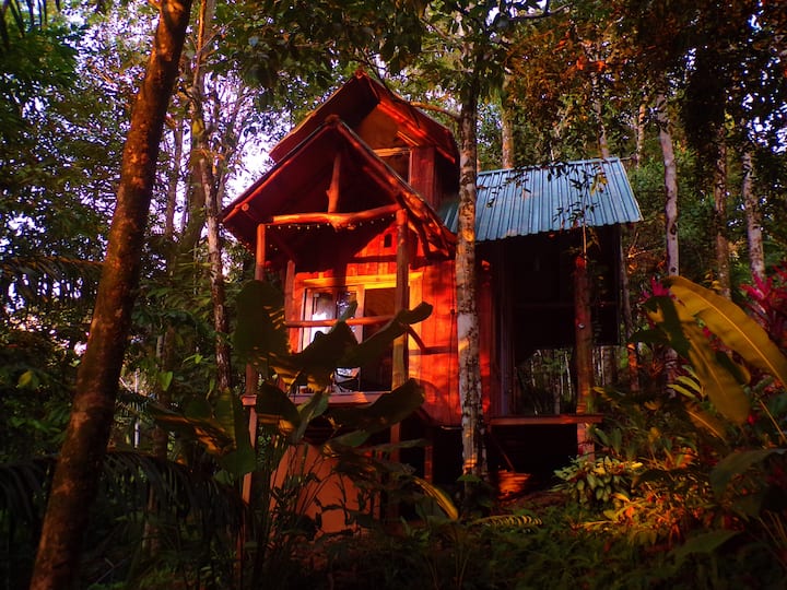 La casa del árbol tiene una cama queen y su propio baño privado.