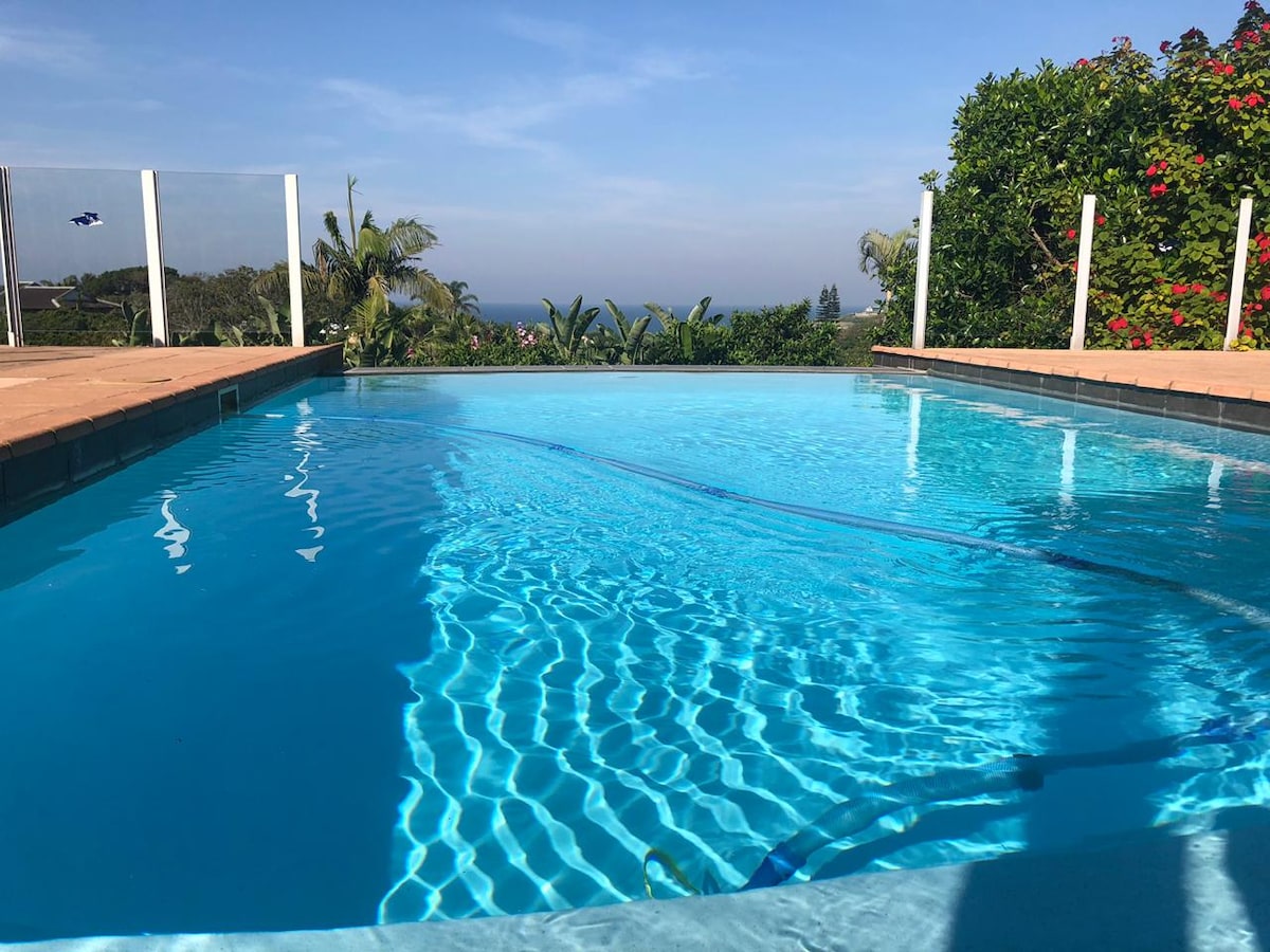 A tranquil infinity pool reflects the clear blue sky and surrounding greenery. The water's surface showcases gentle ripples, while a scenic view of the distant horizon is visible in the background, adding a sense of calm to the outdoor space.