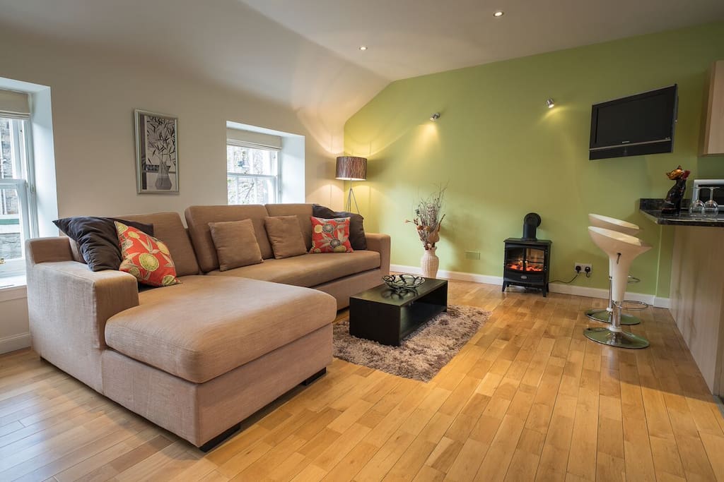 Living area with comfy double bed