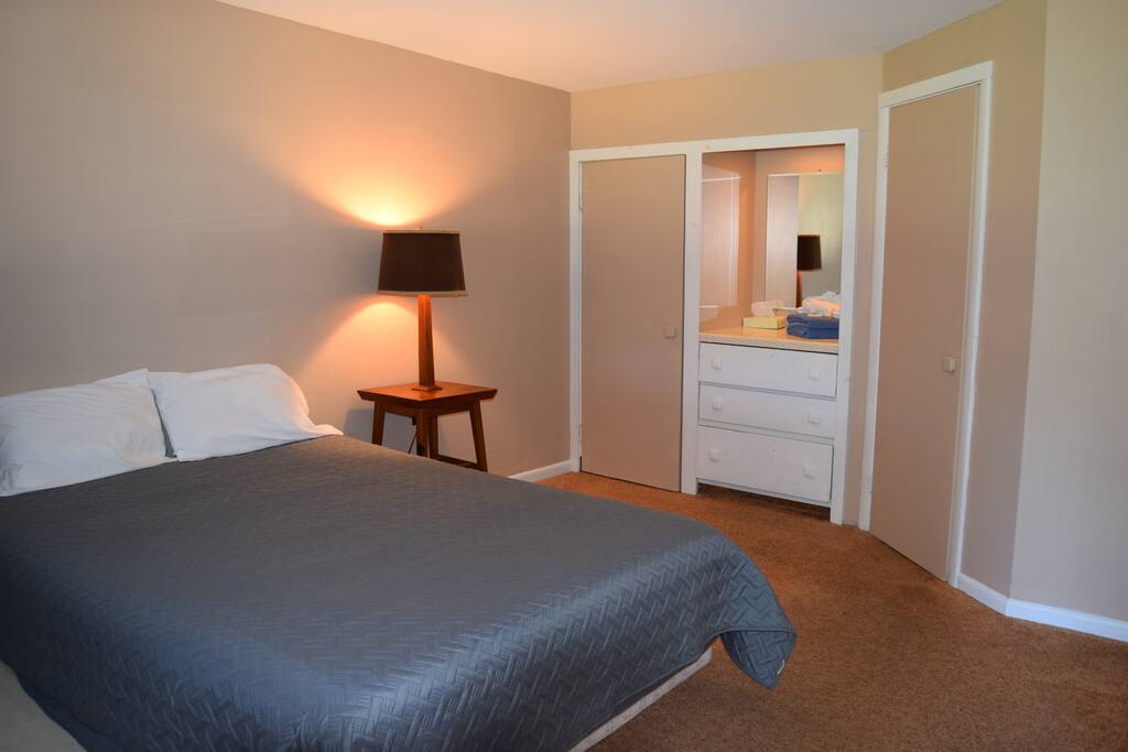 This room has 1 queen bed with a closet and private bathroom