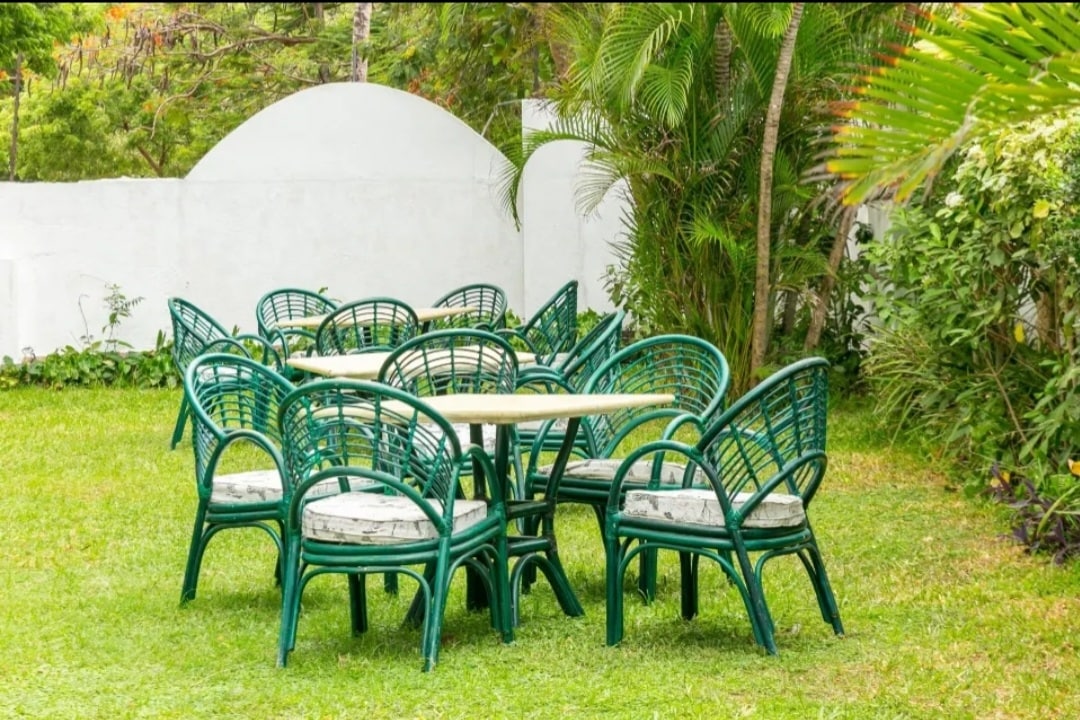 A dining area is set up outdoors, featuring a round table surrounded by eight green wicker chairs. The grassy lawn is complemented by tropical foliage and a white wall in the background, creating a serene outdoor space.