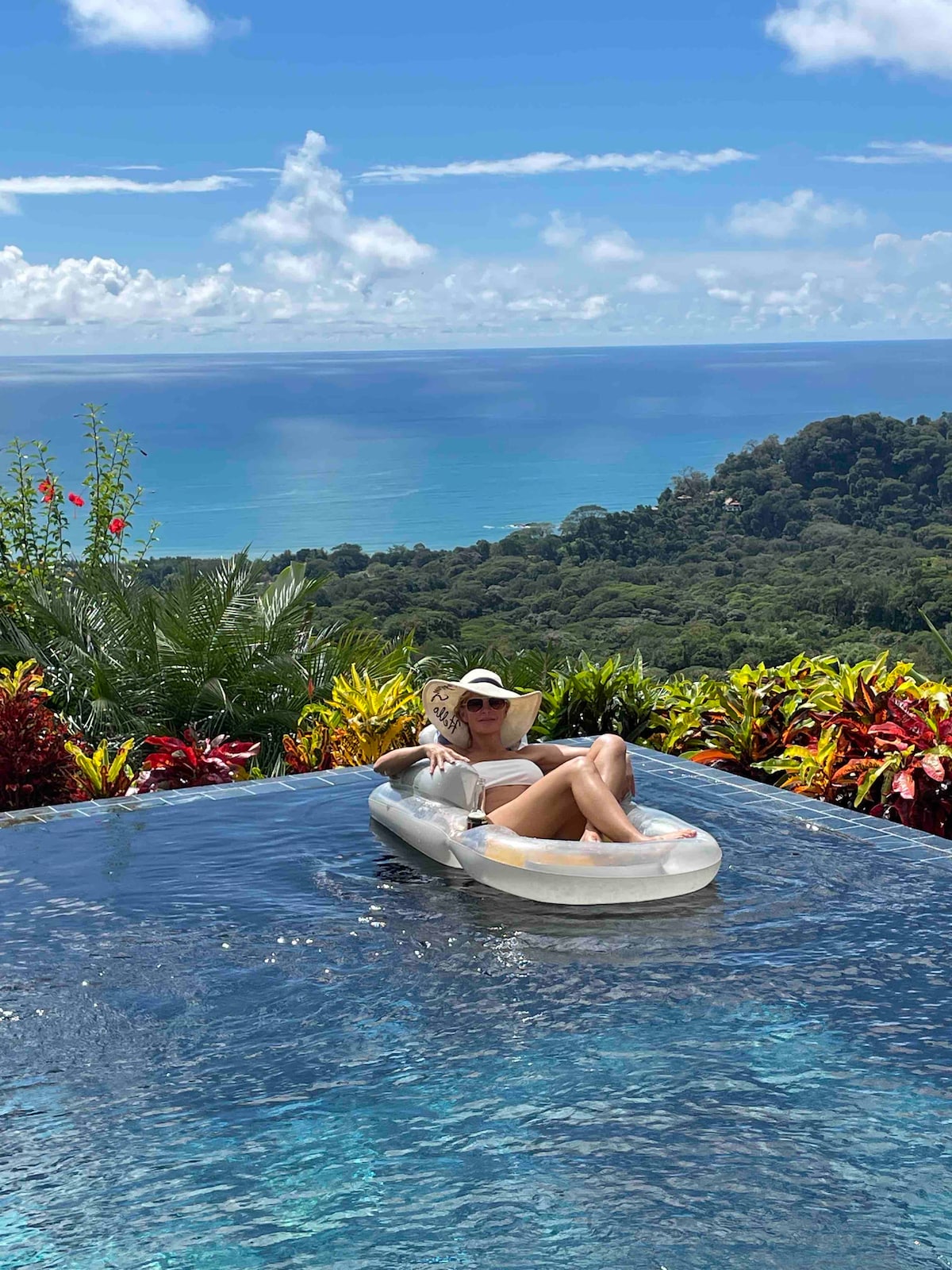 A serene infinity pool is featured, seamlessly blending into the ocean view beyond. Lush tropical plants frame the area, adding vibrant colors to the scene. The calm water reflects the clear blue sky and the distant coastline, creating a tranquil atmosphere.