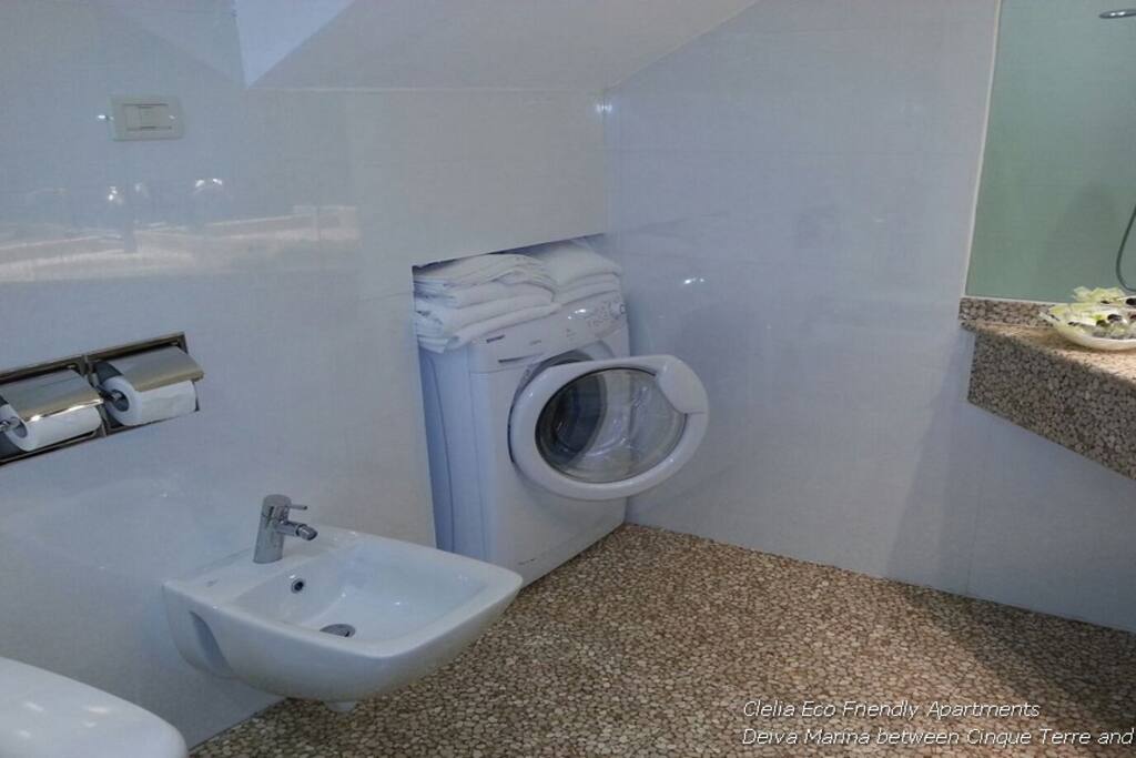 Bathroom with washing machine and shower