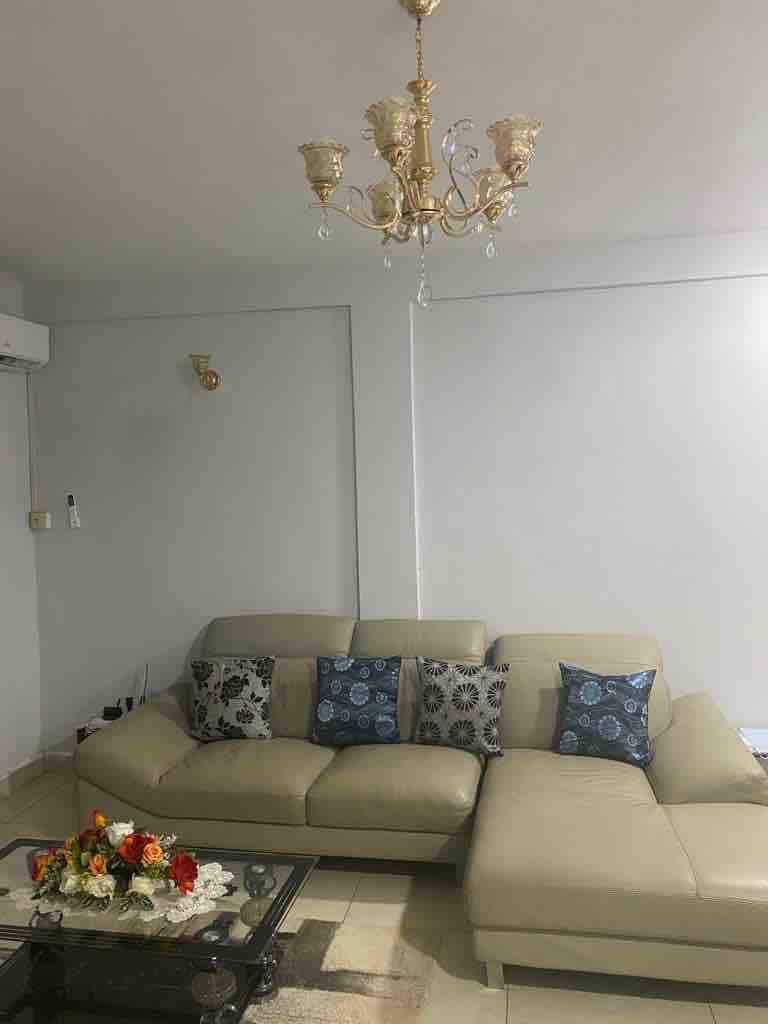 A light-colored sectional sofa is adorned with decorative pillows featuring intricate patterns. A modern chandelier hangs from the ceiling, providing ambient lighting. A glass coffee table rests in front of the sofa, complemented by a floral arrangement, enhancing the living area’s inviting appearance.