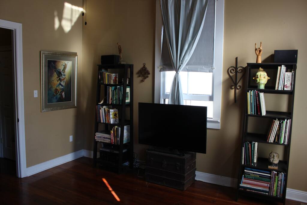 Large screen TV, with Apple TV and stereo.