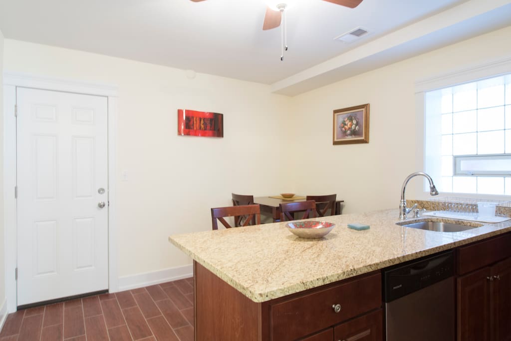 The extra-wide counter doubles as a breakfast bar
