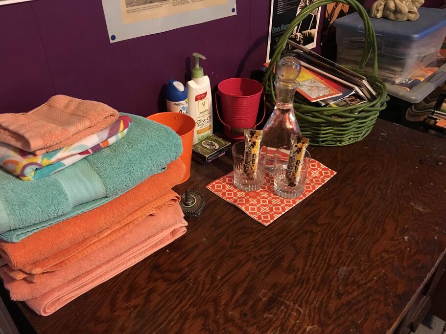 Fresh towels, water pitcher and snacks en suite. Basket of tour guides to peruse or take with you.