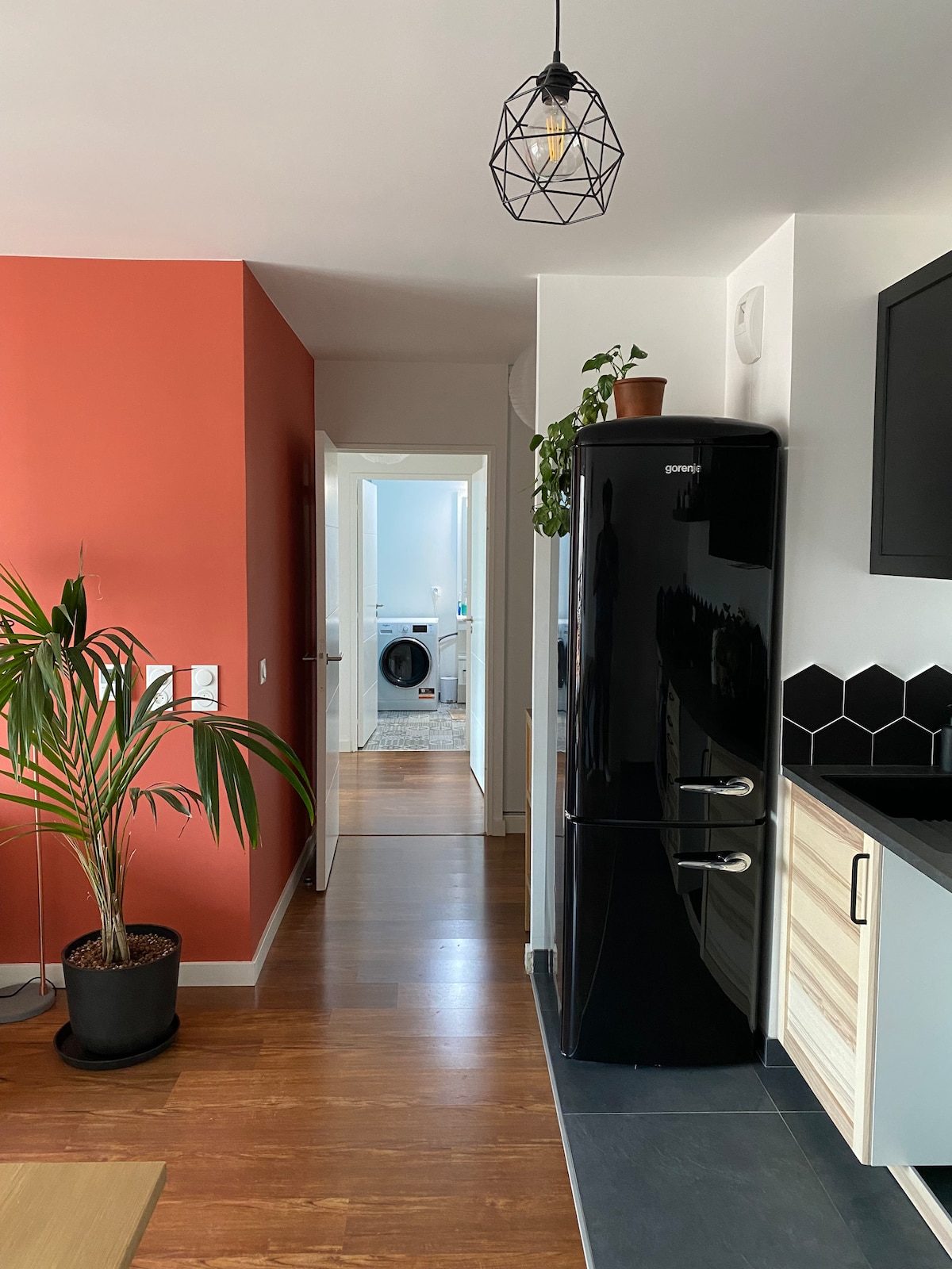 The kitchen area is characterized by a modern design featuring a stylish black refrigerator and a combination of wooden and dark cabinetry. A potted plant adds a touch of greenery, while light streams in from an adjacent room, visible in the background.