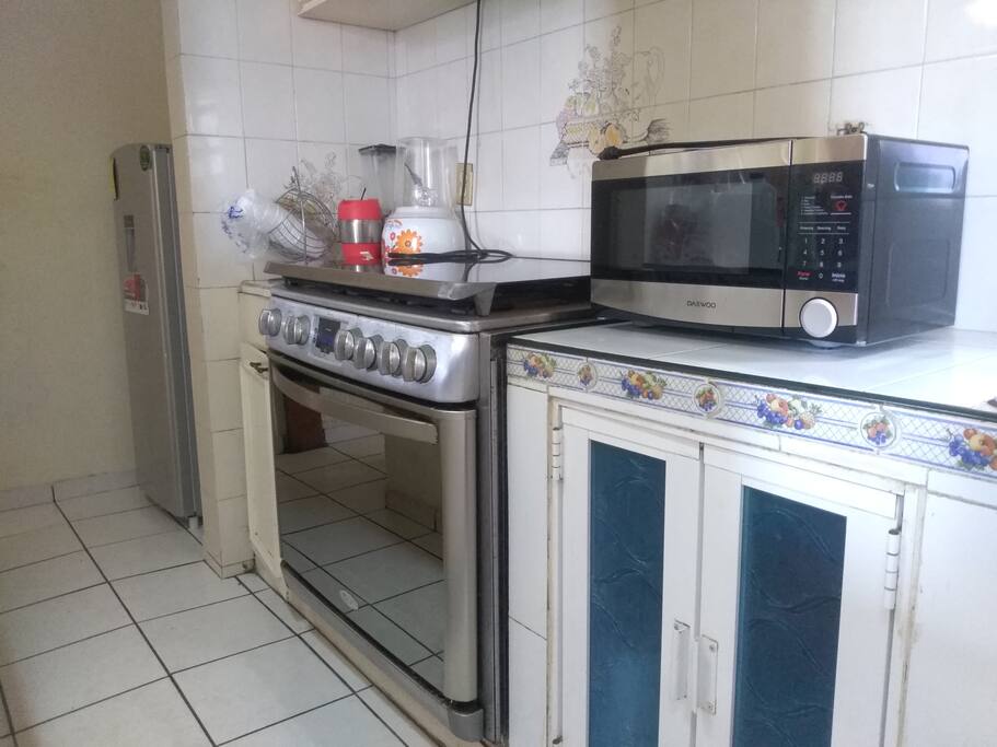 Área de cocina con Estufa, Lavabo, Refrigerador y Horno de Microondas.