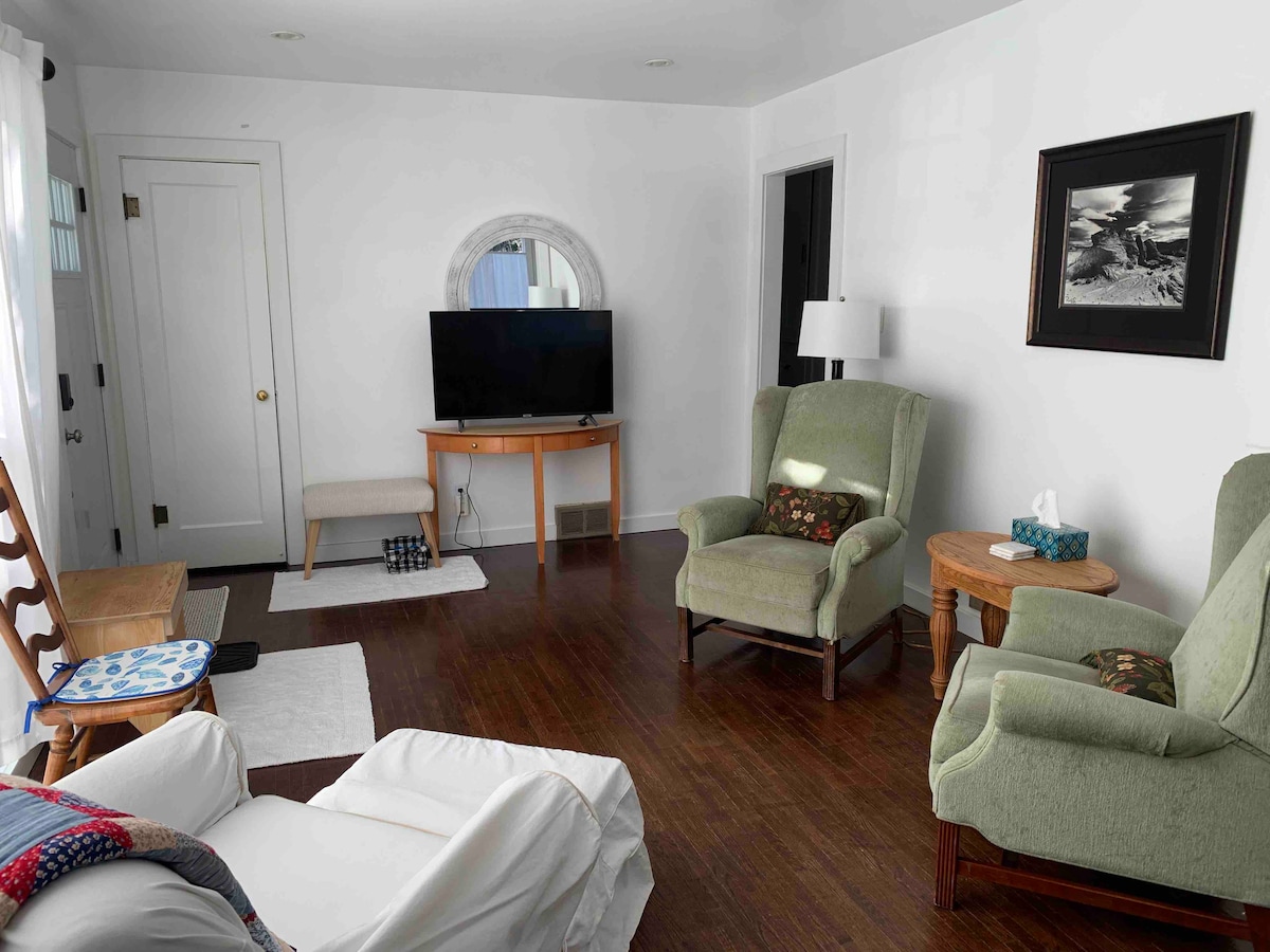 The living room features two green upholstered chairs facing a wooden table and a wall-mounted television. Natural light filters in through sheer curtains, illuminating the wood flooring. A decorative mirror and a framed black and white artwork add subtle detail to the inviting space.