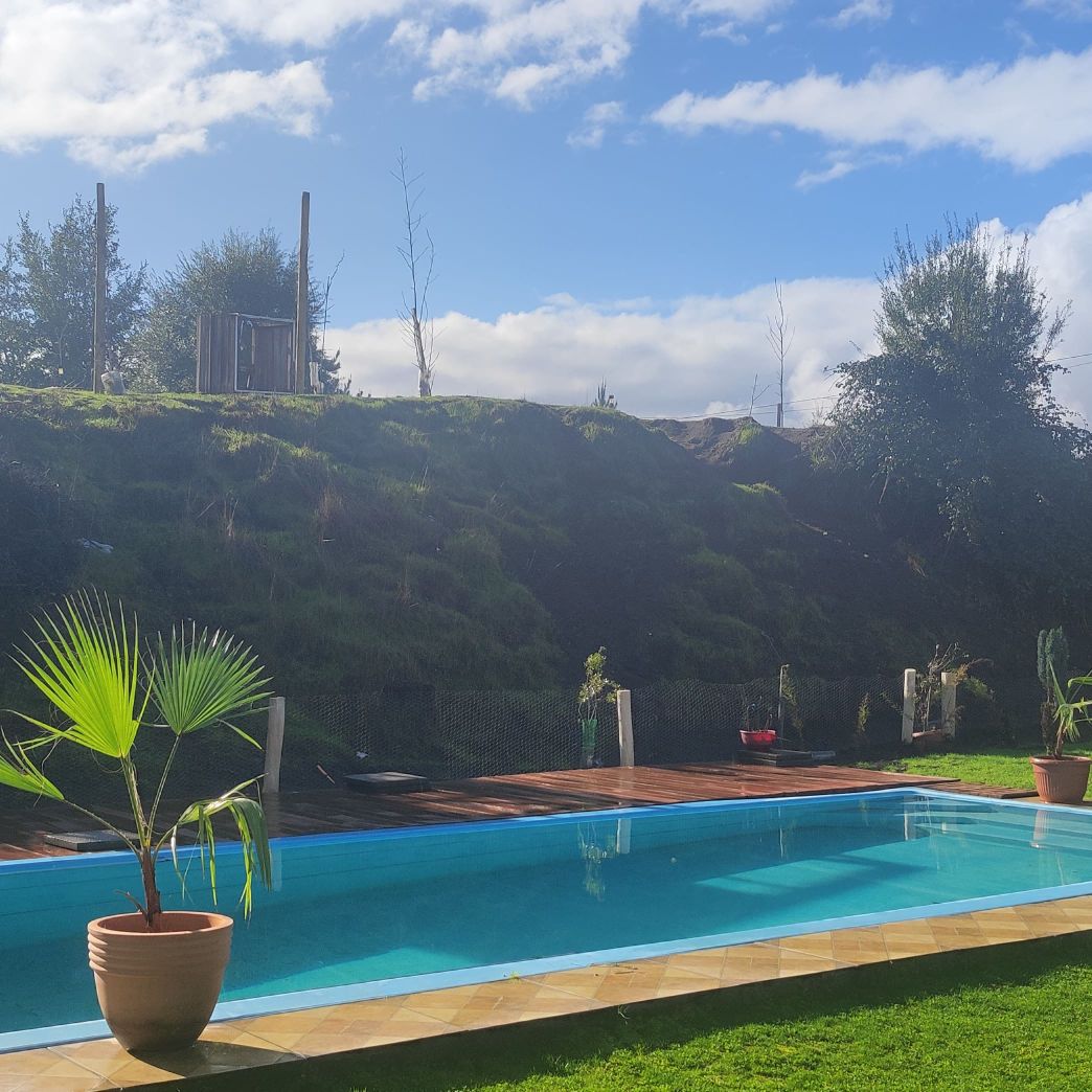 A clear swimming pool reflects the sky, bordered by lush grass and wooden decking. Potted plants add a natural touch, while a gentle slope leads to a wooden structure perched above, surrounded by greenery.