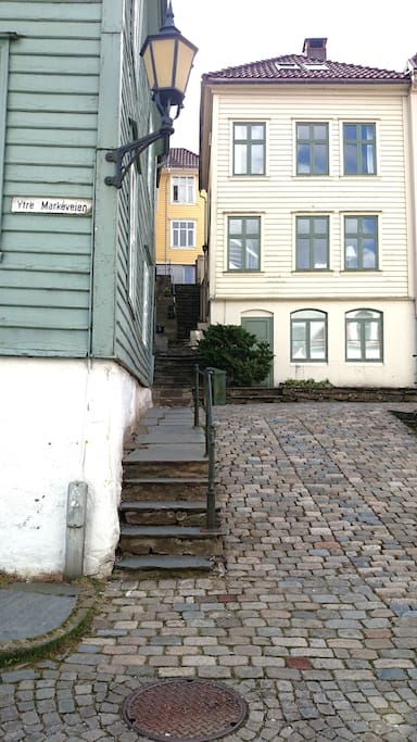 Backside entrance to the house. (Yellow). You can see the apartment on the ground floor.