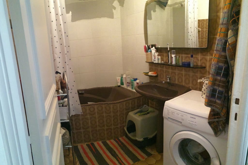 Salle de bain avec baignoire et machine à laver