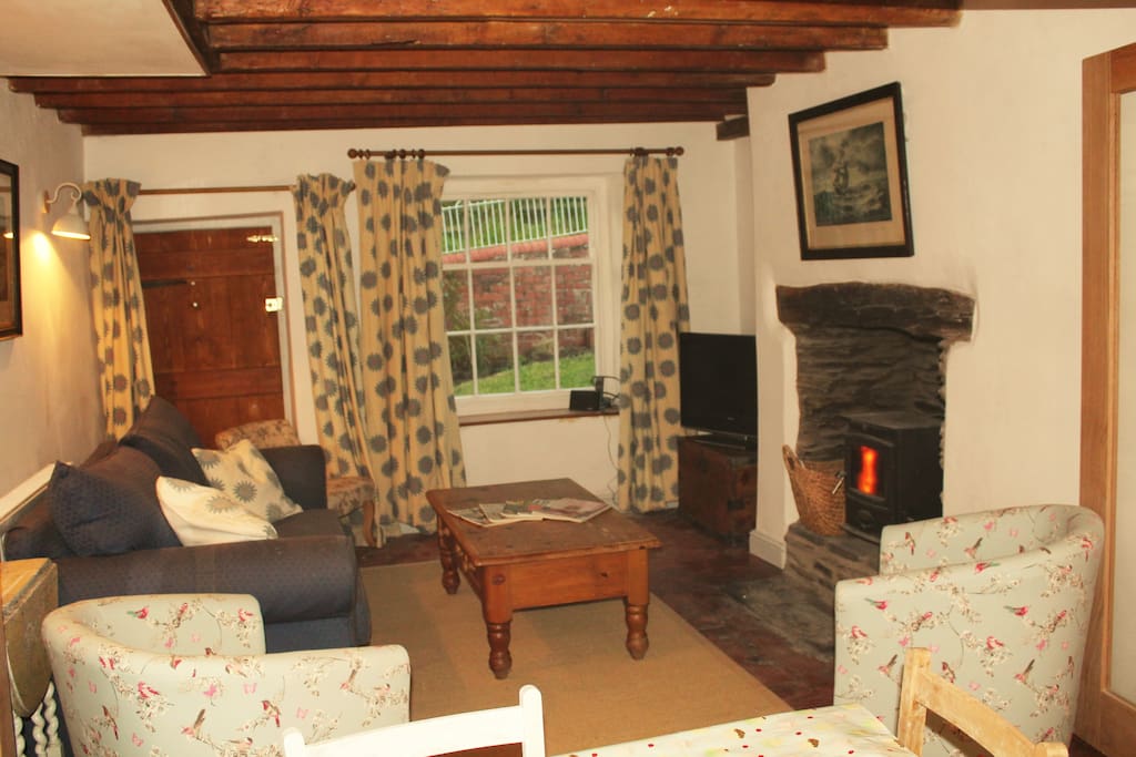 Living room with wood burner