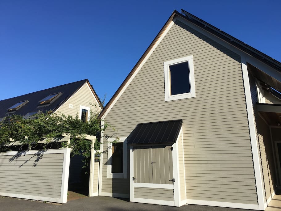 From the driveway, you first enter the courtyard area under the wisteria arbor.