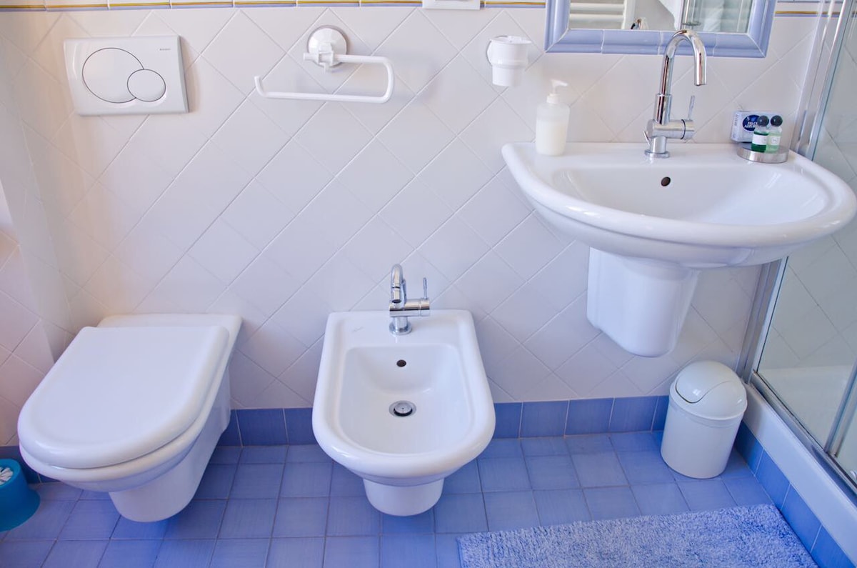 The bathroom features a modern design with clean lines. A wall-mounted sink is positioned above a floor-mounted bidet. A toilet is situated beside the bidet, while a wastebasket is placed on the floor. Blue tiles enhance the serene ambiance of the space.