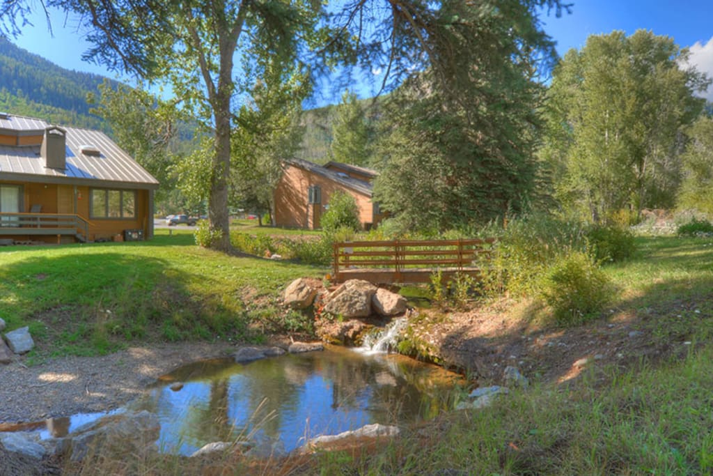 Watefront seasonal creek at Durango Colorado vacation rental condo at Needles Townhomes near Purgatory Resort