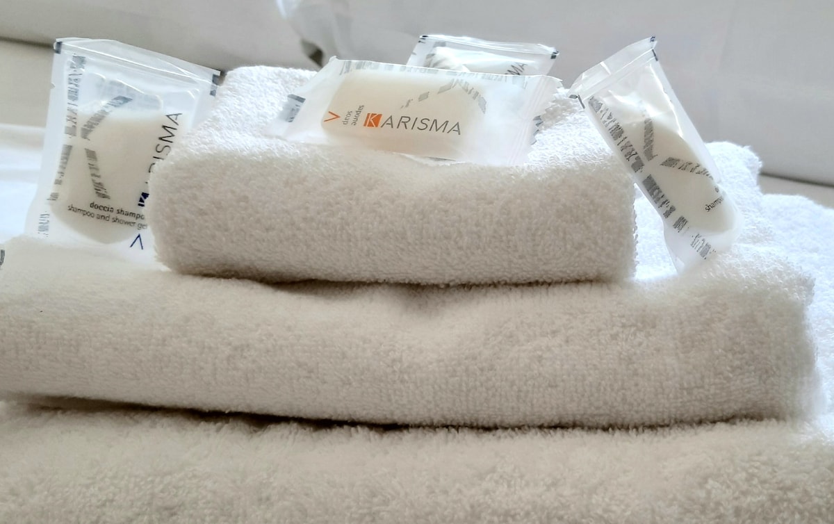A neatly arranged stack of white towels, presented in soft textures, is complemented by individual packets of shampoo and conditioner, all displayed on a clean surface. The items suggest a focus on comfort and convenience for guests.