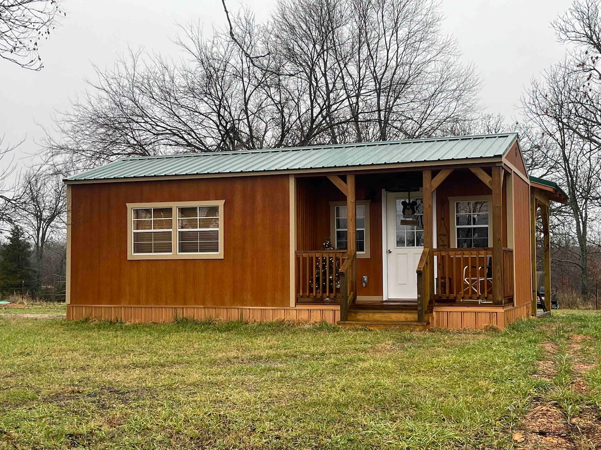 The cabin is showcased with wooden exterior walls and a metal roof, featuring a front porch with two small steps. Large windows provide natural light, and the surrounding grassy area is lightly wooded with trees in the background, enhancing the cabin's rustic charm.