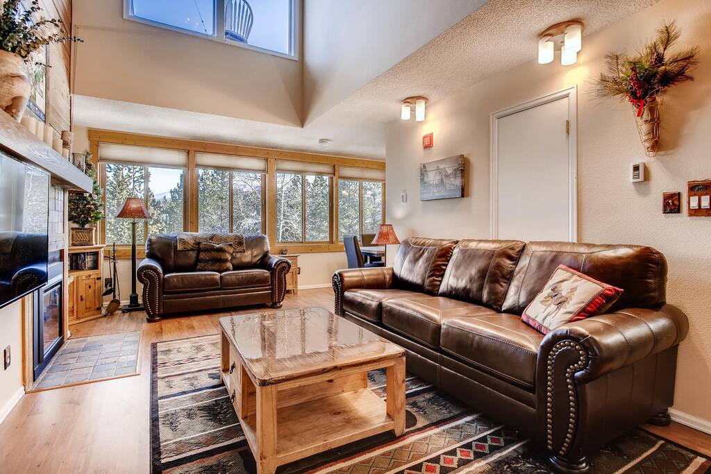 Living Room with wall to wall windows overlooking downtown Breckenridge. New leather queen sleeper sofa.