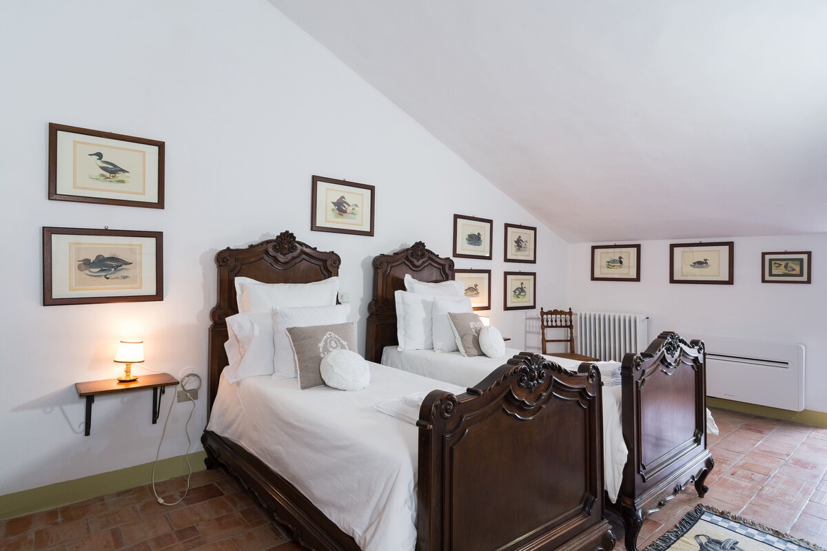 The room features two elegantly crafted wooden single beds with decorative headboards. Light bedding and accent pillows are placed on each bed. The walls are adorned with framed bird illustrations, and a small lamp provides ambient lighting beside one of the beds.