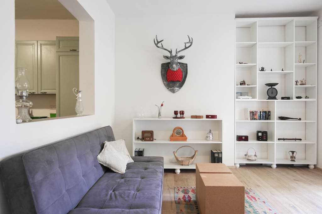 Living room with kitchen window