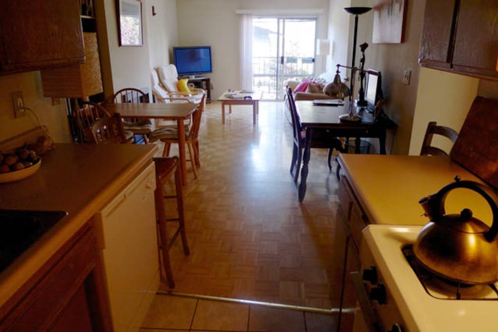 Kitchen with view of living room