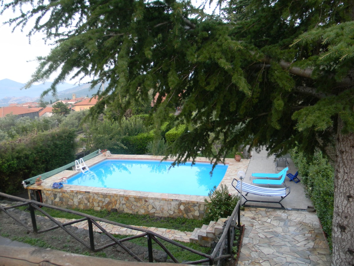 A tranquil swimming pool is surrounded by a stone patio and greenery, inviting relaxation. Two lounge chairs are positioned near the pool, with a staircase leading from the pool area to the surrounding landscape. The scene offers a peaceful view of the countryside.