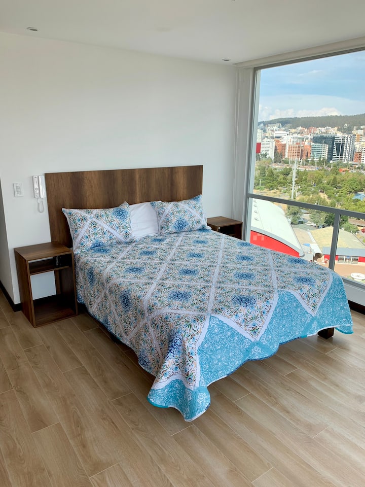 Chambre principale avec lit Queen avec TV et la plus belle vue sur la ville