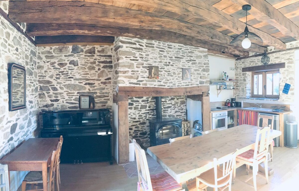 The open living area features exposed stone walls and wooden beams, creating a rustic charm. A large dining table is positioned beside a cozy fireplace. A kitchenette with modern appliances is visible, along with a piano, adding an inviting touch to the room.