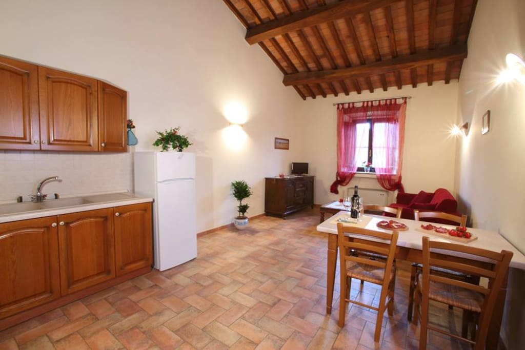 Ampio soggiorno con tavolo, sedie, cucina attrezzata e divano letto.