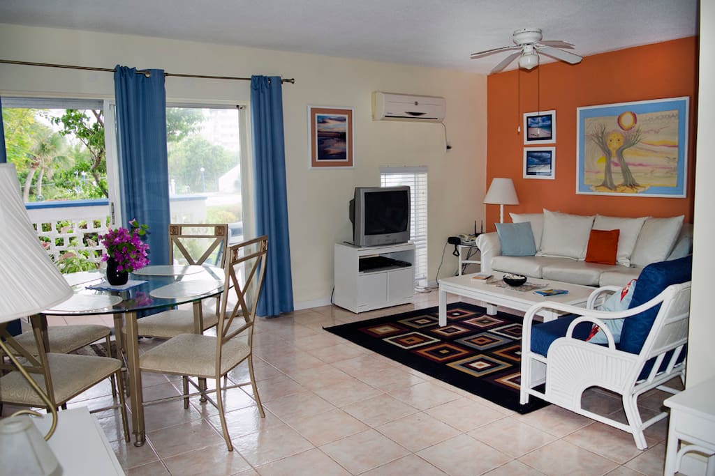 The living room is light and airy