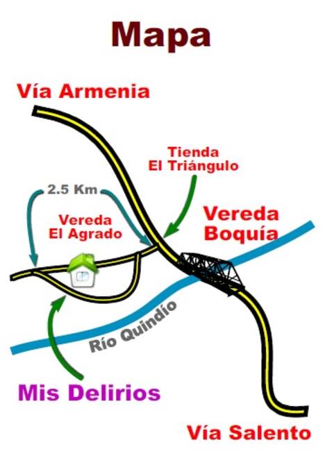 El alojamiento esta ubicado a 6 km antes de llegar a Salento en el sector de boquia, vereda el Agrado.