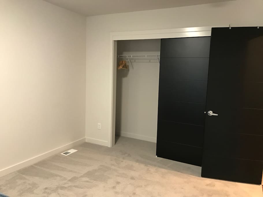 Full size closet with hangers, iron, and ironing board.