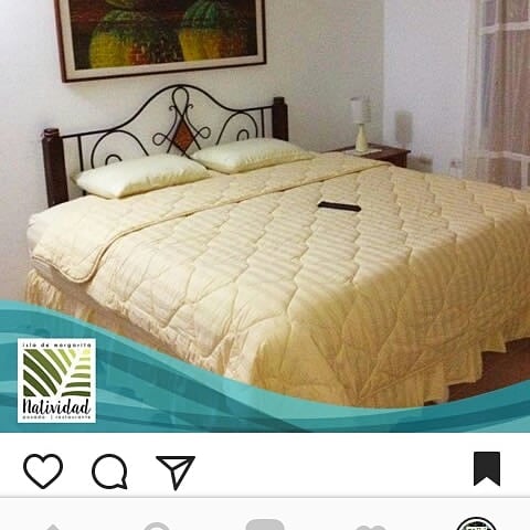 A spacious sleeping area features a large bed with a light-colored quilt and two decorative pillows. A bedside lamp is positioned next to the bed, providing subtle illumination. Natural light enters through a nearby window, creating a serene atmosphere.