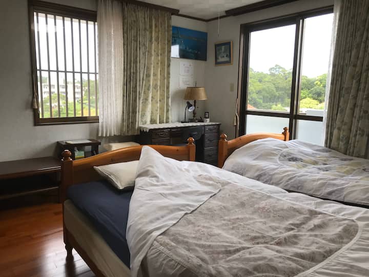 2张半双人床，从入口可俯瞰房间