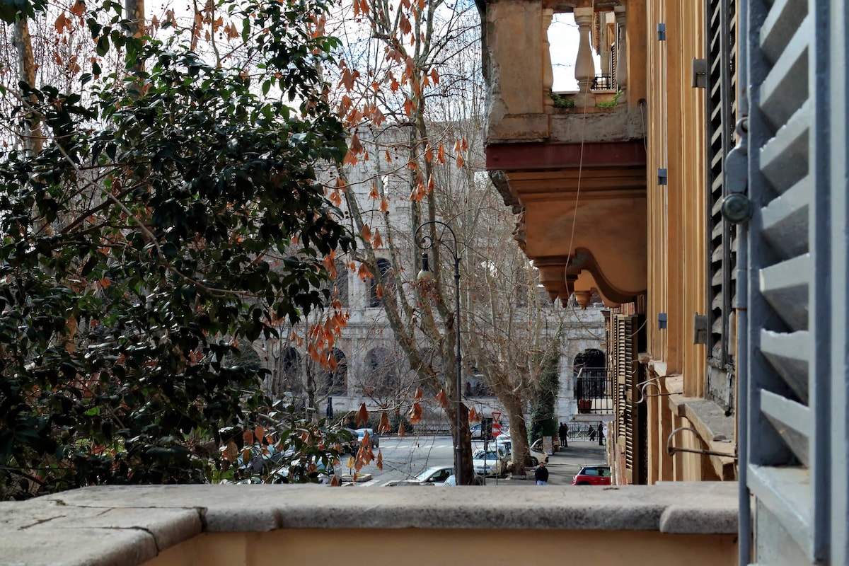 A balcony view showcases a tree-lined street with decorative architecture in the foreground. Bare branches hint at the changing seasons, while the distant structure of a historic building remains partially visible. The scene reflects a serene urban environment, inviting quiet observation.